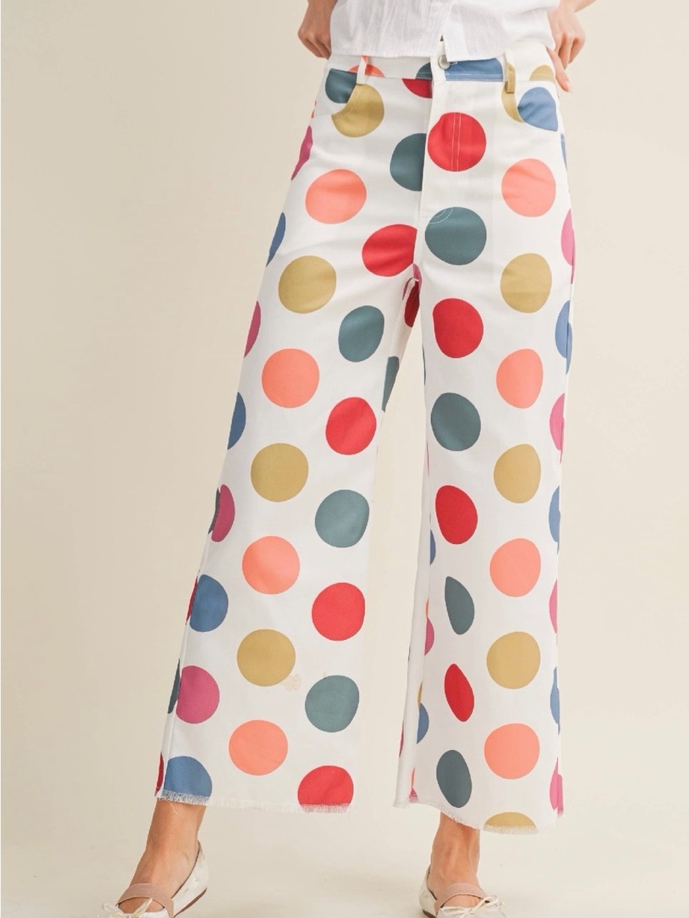 Wide Leg Polka Dot Trousers - Multicolor Dots on White